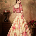 Delicate Peach Embroidered Silk Blouse with Cream Floral Printed Organza Lehenga Choli