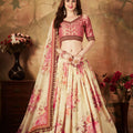 Delicate Peach Embroidered Silk Blouse with Cream Floral Printed Organza Lehenga Choli