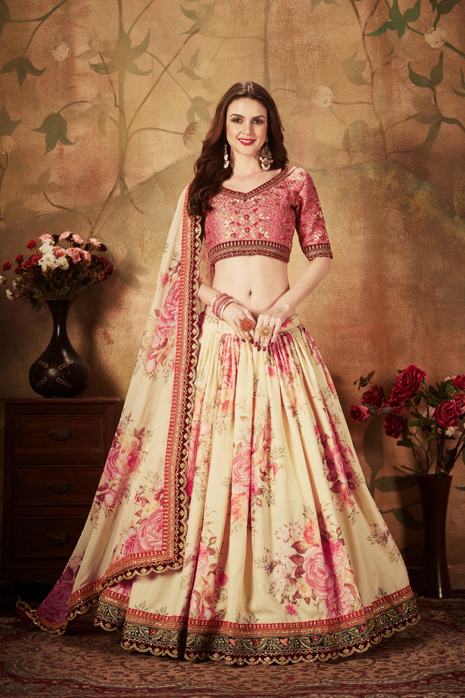 Delicate Peach Embroidered Silk Blouse with Cream Floral Printed Organza Lehenga Choli