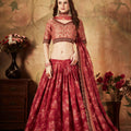 Stylish Peach Embroidered Silk Blouse with Red Floral Printed Organza Lehenga Choli