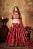 Stylish Peach Embroidered Silk Blouse with Red Floral Printed Organza Lehenga Choli