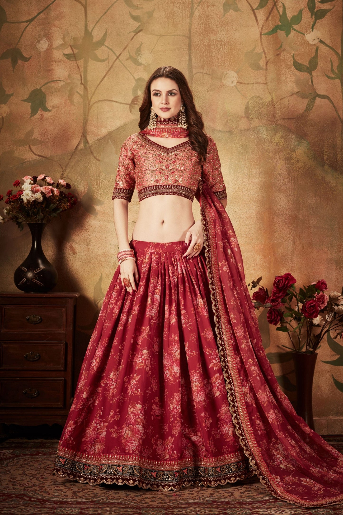 Stylish Peach Embroidered Silk Blouse with Red Floral Printed Organza Lehenga Choli