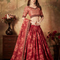 Stylish Peach Embroidered Silk Blouse with Red Floral Printed Organza Lehenga Choli