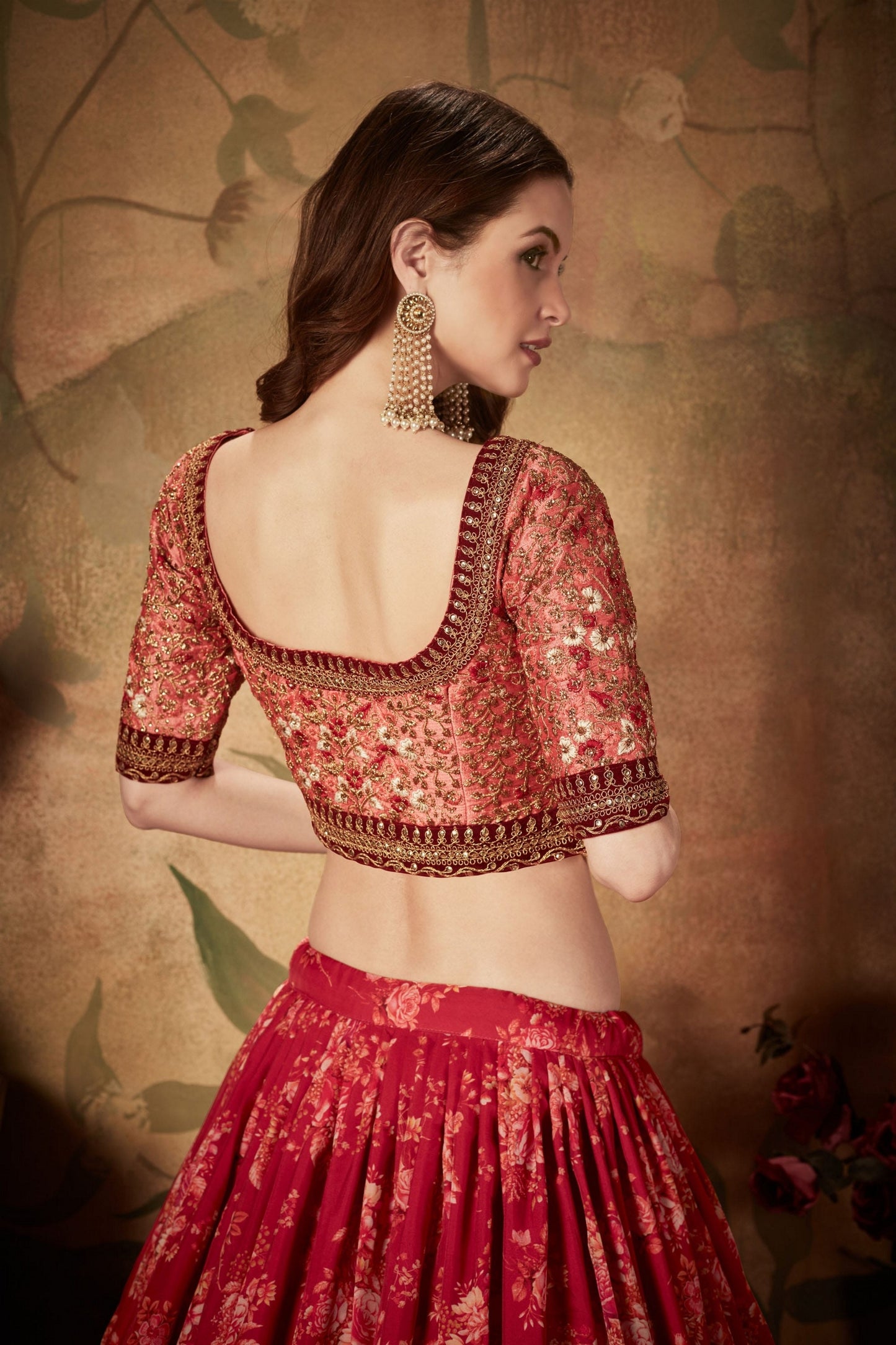 Stylish Peach Embroidered Silk Blouse with Red Floral Printed Organza Lehenga Choli