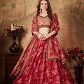Stylish Peach Embroidered Silk Blouse with Red Floral Printed Organza Lehenga Choli