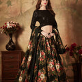 Lovely Black Embroidered Silk Blouse with Floral Printed Organza Lehenga Choli