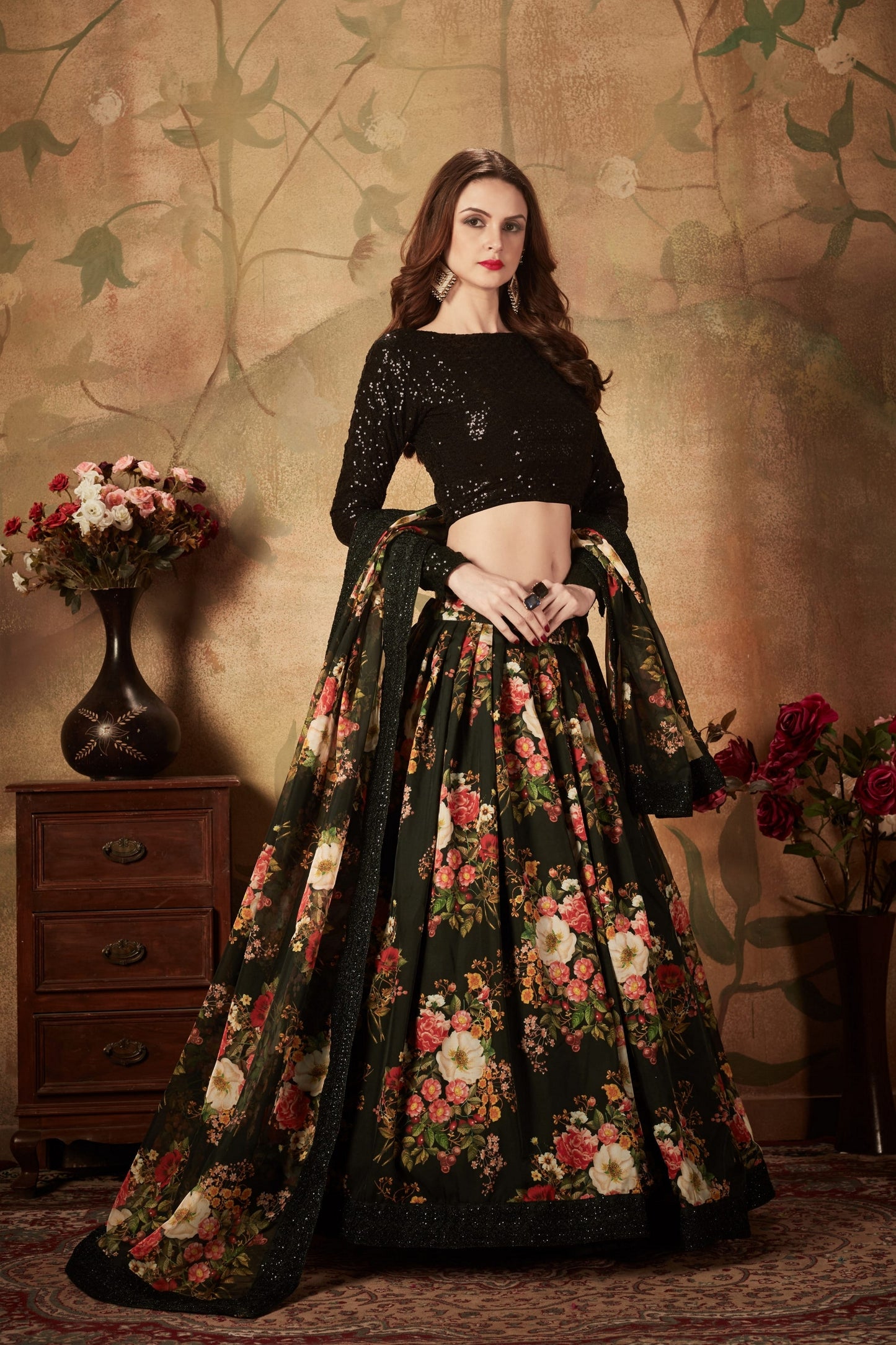 Lovely Black Embroidered Silk Blouse with Floral Printed Organza Lehenga Choli
