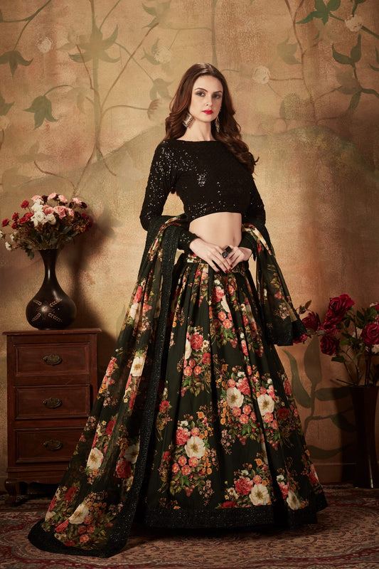 Lovely Black Embroidered Silk Blouse with Floral Printed Organza Lehenga Choli