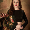Lovely Black Embroidered Silk Blouse with Floral Printed Organza Lehenga Choli