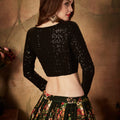 Lovely Black Embroidered Silk Blouse with Floral Printed Organza Lehenga Choli