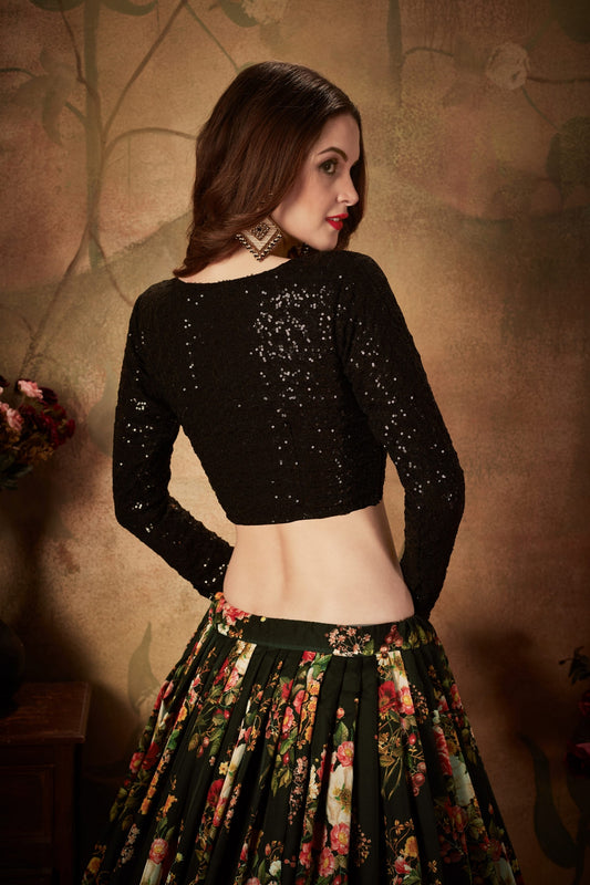 Lovely Black Embroidered Silk Blouse with Floral Printed Organza Lehenga Choli