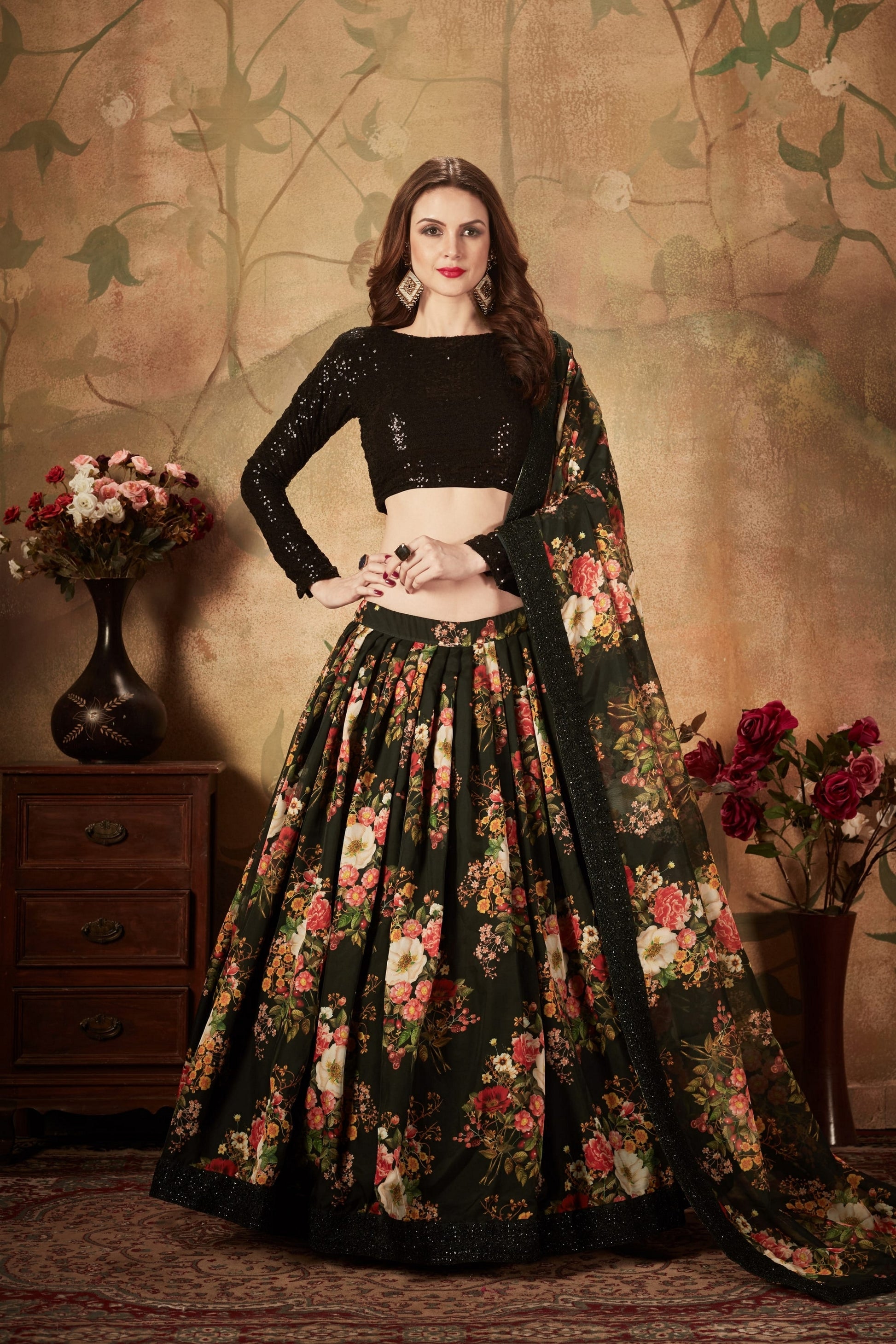 Lovely Black Embroidered Silk Blouse with Floral Printed Organza Lehenga Choli
