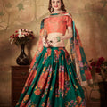 Trendy Orange Embroidered Silk Blouse with Green Floral Printed Organza Lehenga Choli