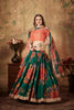 Trendy Orange Embroidered Silk Blouse with Green Floral Printed Organza Lehenga Choli