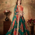 Trendy Orange Embroidered Silk Blouse with Green Floral Printed Organza Lehenga Choli