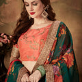Trendy Orange Embroidered Silk Blouse with Green Floral Printed Organza Lehenga Choli