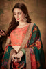 Trendy Orange Embroidered Silk Blouse with Green Floral Printed Organza Lehenga Choli