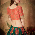 Trendy Orange Embroidered Silk Blouse with Green Floral Printed Organza Lehenga Choli
