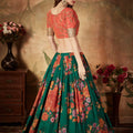 Trendy Orange Embroidered Silk Blouse with Green Floral Printed Organza Lehenga Choli