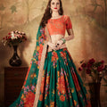 Trendy Orange Embroidered Silk Blouse with Green Floral Printed Organza Lehenga Choli