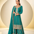 Luxury Teal Blue Chinon Embroidery Work Palazzo Suit With Dupatta