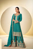 Luxury Teal Blue Chinon Embroidery Work Palazzo Suit With Dupatta