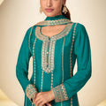 Luxury Teal Blue Chinon Embroidery Work Palazzo Suit With Dupatta