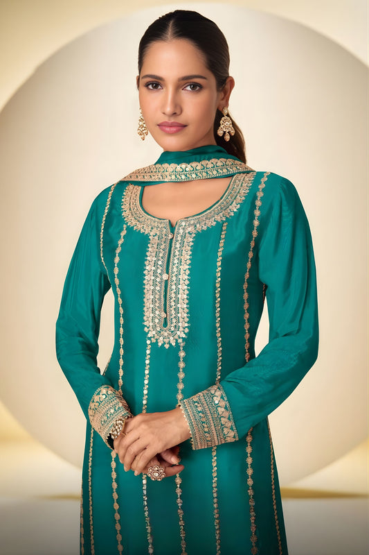Luxury Teal Blue Chinon Embroidery Work Palazzo Suit With Dupatta
