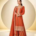 Premium Rust Orange Real Chinon Embroidery Work Palazzo Suit