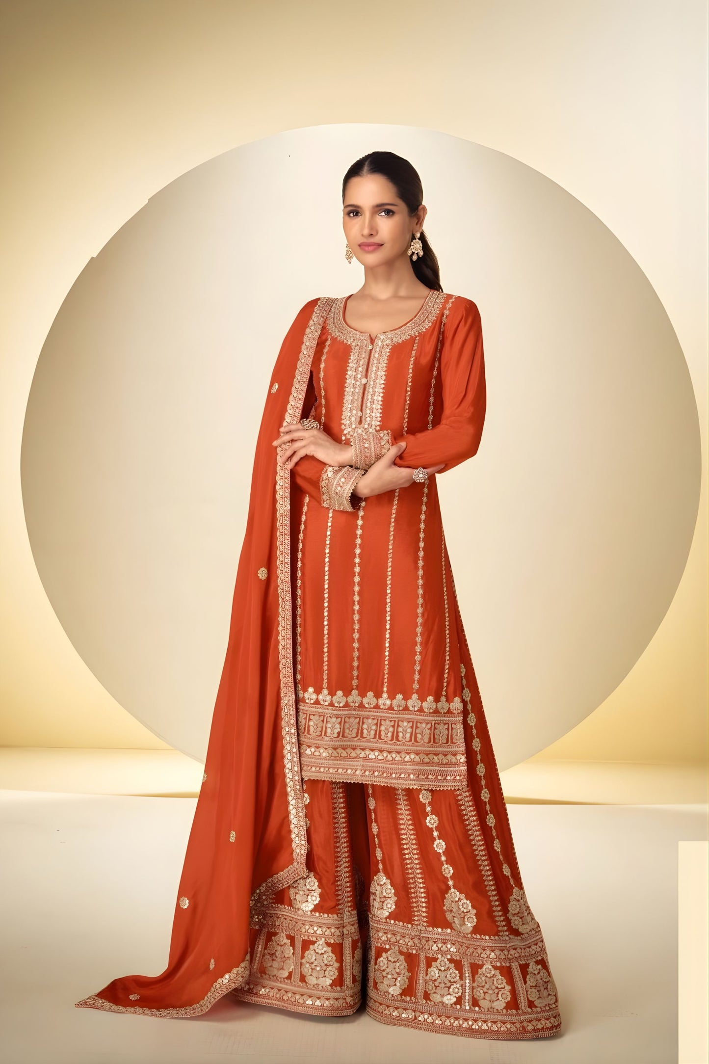 Premium Rust Orange Real Chinon Embroidery Work Palazzo Suit
