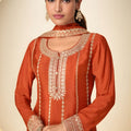 Premium Rust Orange Real Chinon Embroidery Work Palazzo Suit