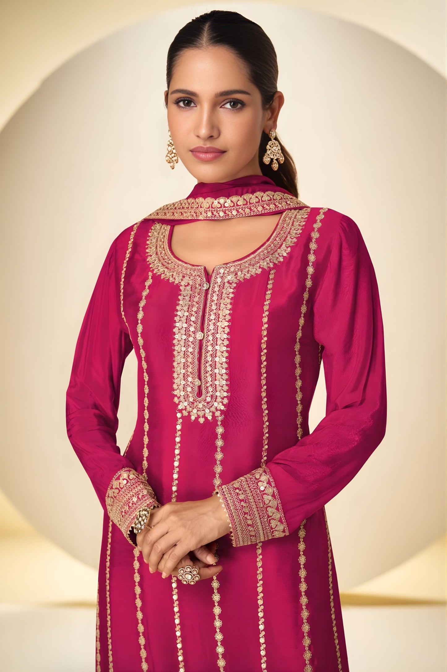 Beautiful Rani Pink Real Chinon Party Wear Palazzo Suit