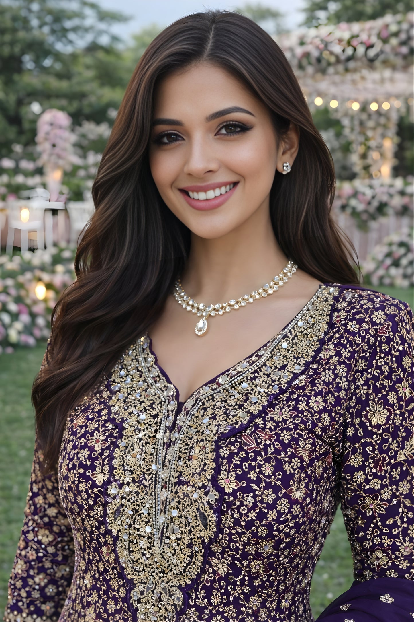 Luxury Purple Embroidered Designer Gown Set with Dupatta for Wedding and Reception