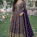 Luxury Purple Embroidered Designer Gown Set with Dupatta for Wedding and Reception