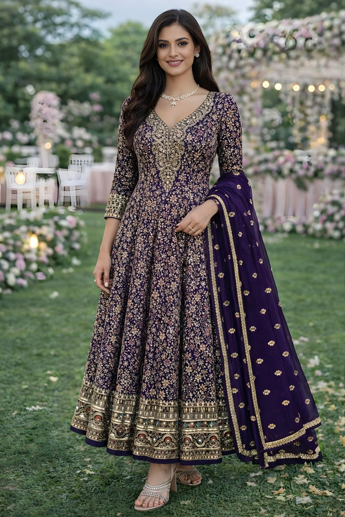 Luxury Purple Embroidered Designer Gown Set with Dupatta for Wedding and Reception