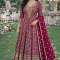 Stylish Rani Embroidered Designer Gown Set with Dupatta for Wedding and Reception