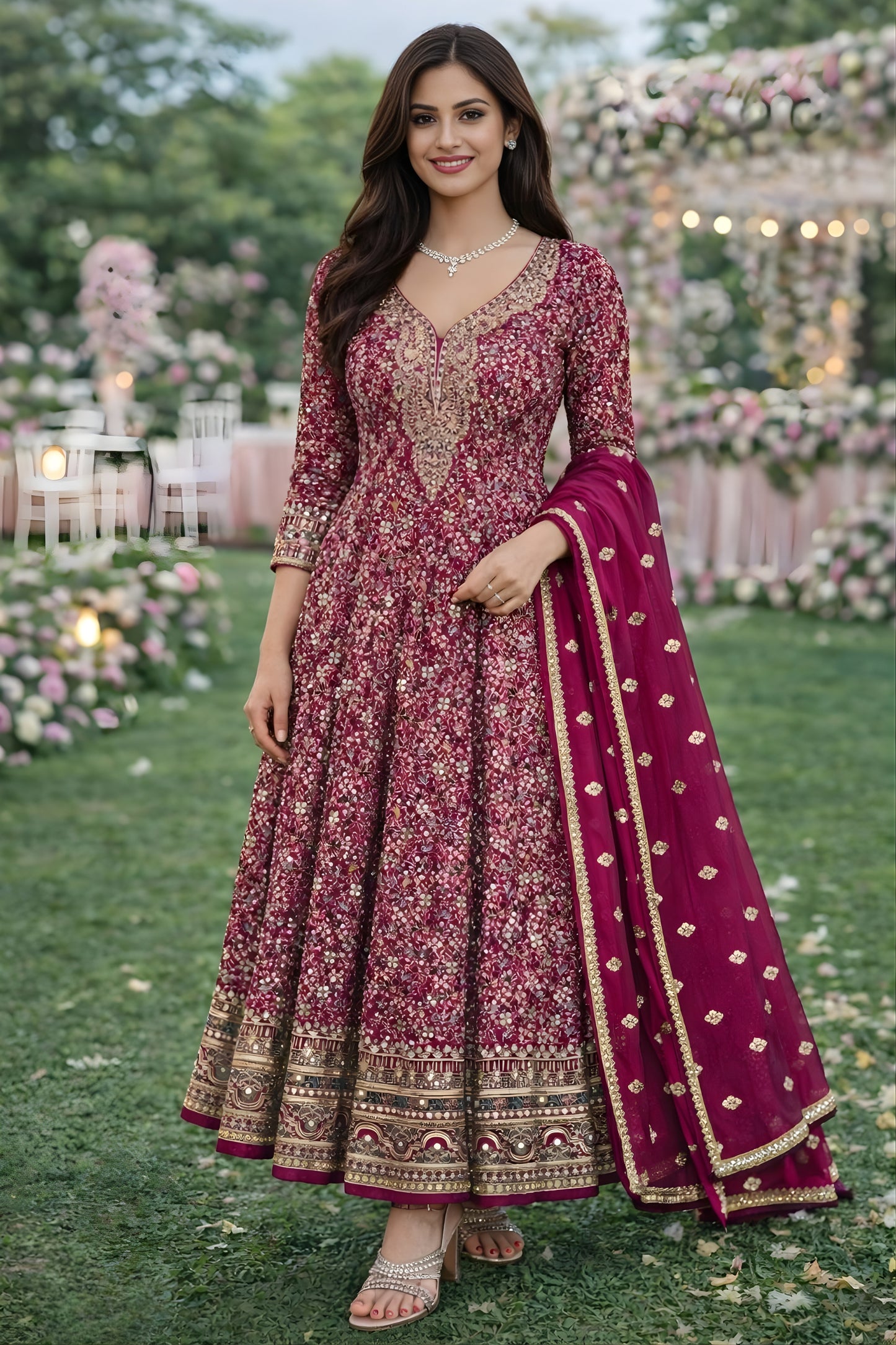 Stylish Rani Embroidered Designer Gown Set with Dupatta for Wedding and Reception