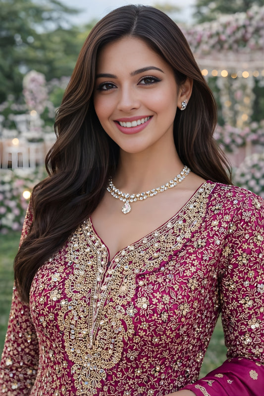 Stylish Rani Embroidered Designer Gown Set with Dupatta for Wedding and Reception