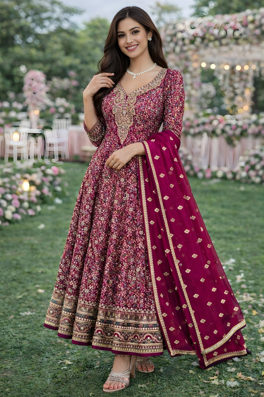 Stylish Rani Embroidered Designer Gown Set with Dupatta for Wedding and Reception