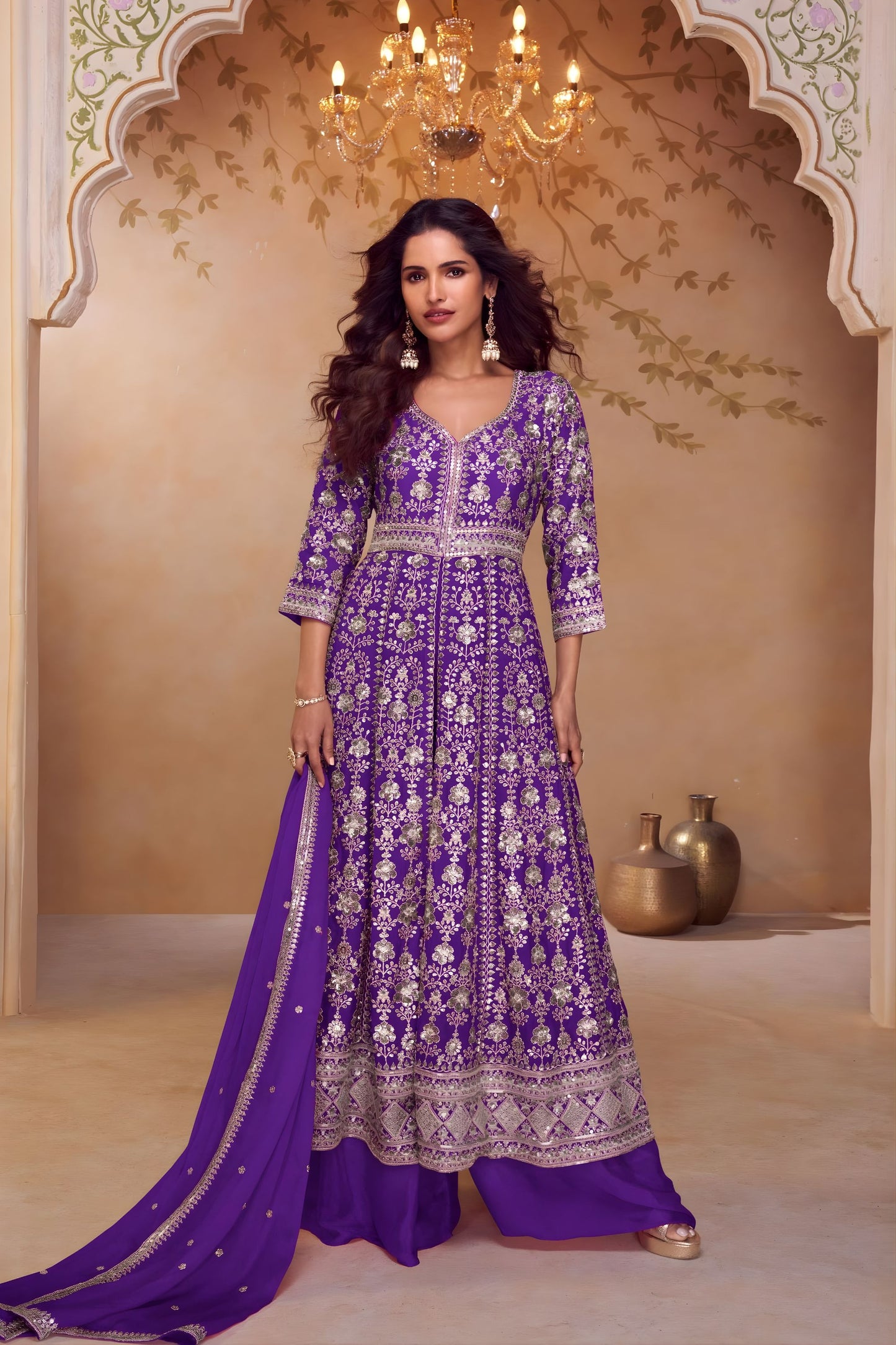 Beautiful Purple Heavy Embroidered Chinon Palazzo Suit Dupatta for Women