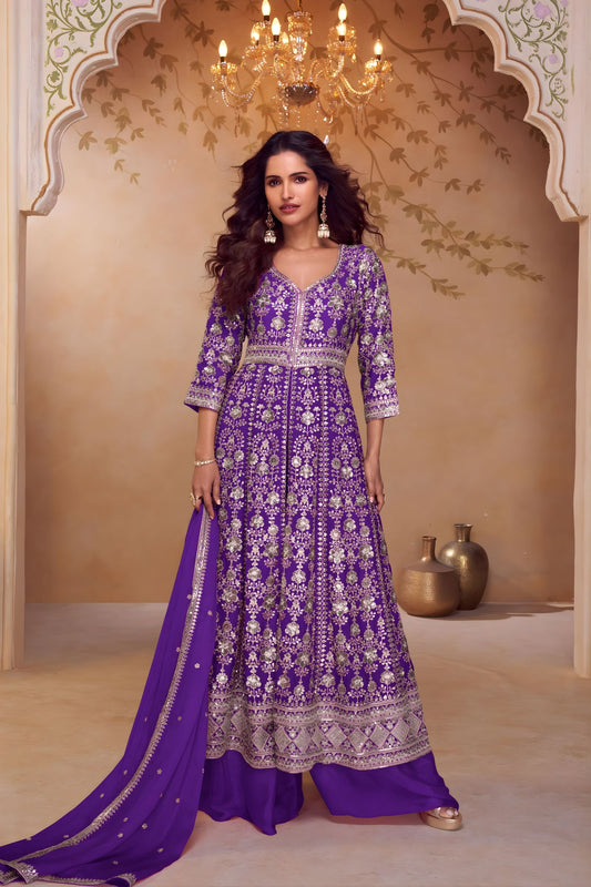 Beautiful Purple Heavy Embroidered Chinon Palazzo Suit Dupatta for Women