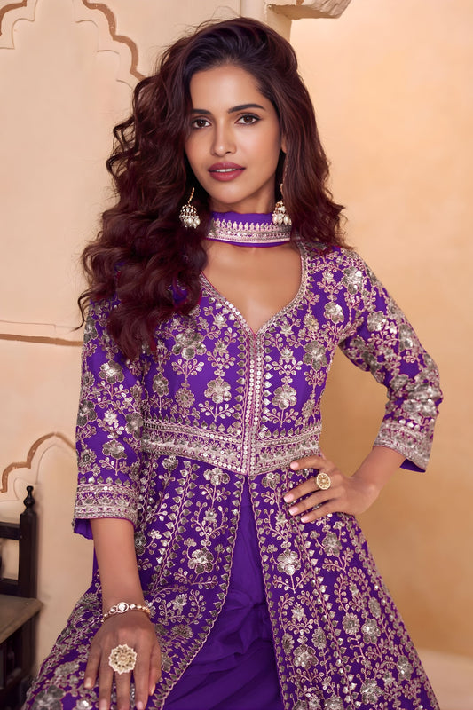 Beautiful Purple Heavy Embroidered Chinon Palazzo Suit Dupatta for Women