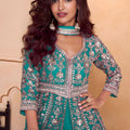 Wondrfull Teal Blue Heavy Embroidered Chinon Palazzo Suit with Dupatta for Women
