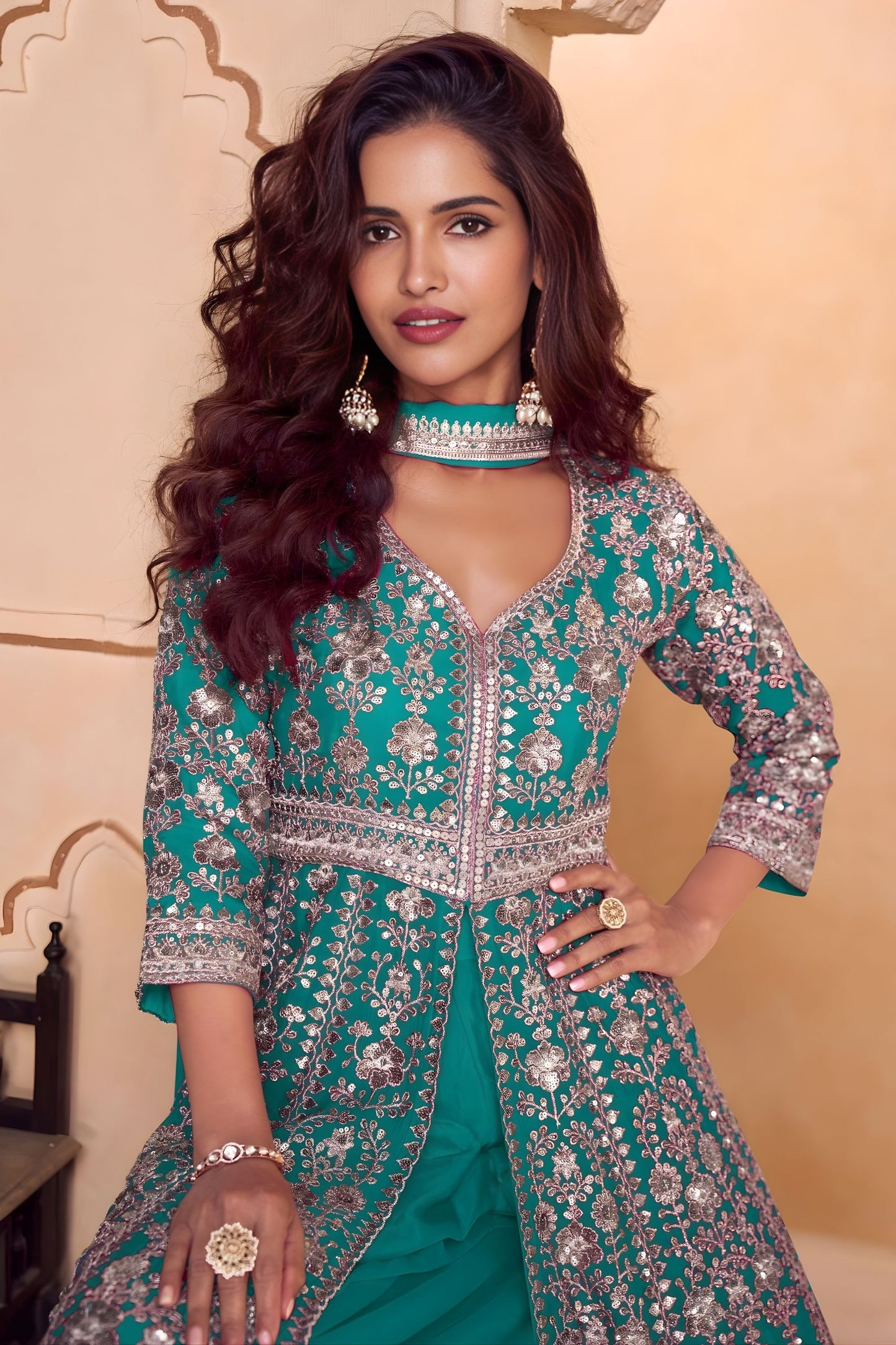 Wondrfull Teal Blue Heavy Embroidered Chinon Palazzo Suit with Dupatta for Women