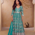 Wondrfull Teal Blue Heavy Embroidered Chinon Palazzo Suit Dupatta for Women
