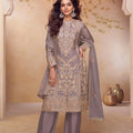 Graceful Grey Chinon Heavy Embroidery Work Palazzo Suit Dupatta for Women