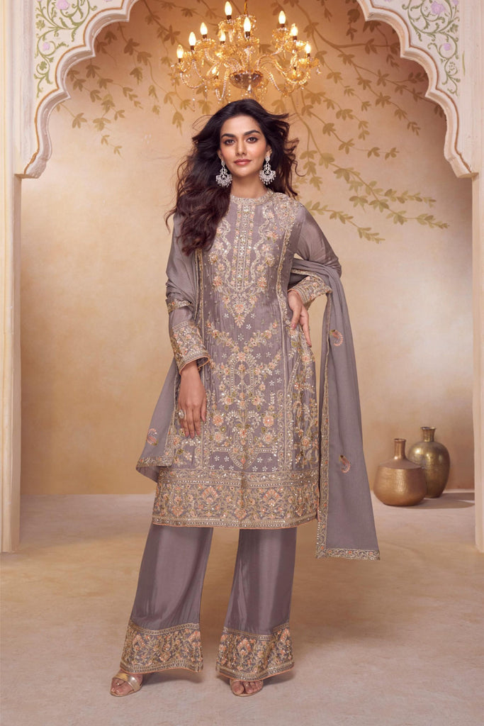 Graceful Grey Chinon Heavy Embroidery Work Palazzo Suit Dupatta for Women