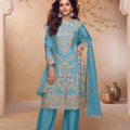 Royal Sky Blue Chinon Heavy Embroidery Work Palazzo Suit Dupatta for Women