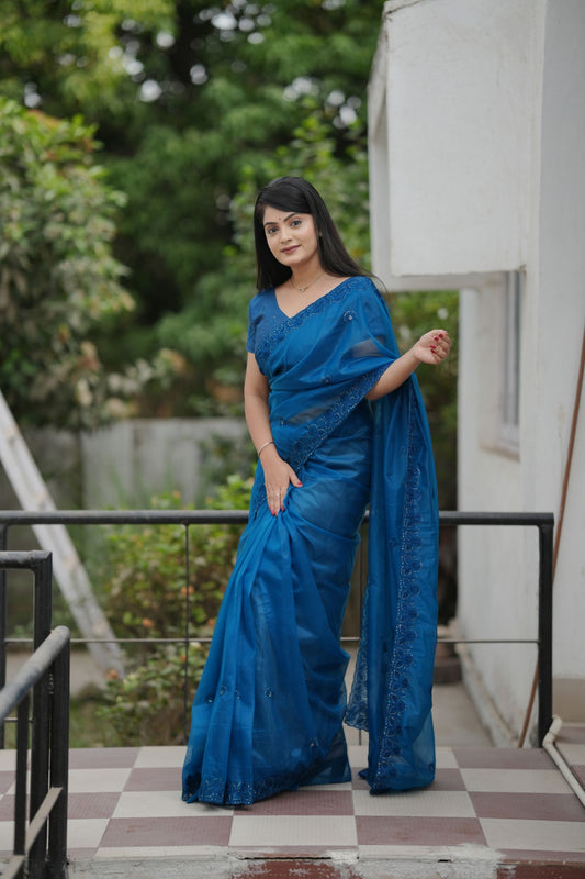 Royal Blue Organza Saree Embroidered Border Designer Blouse