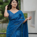 Royal Blue Organza Saree Embroidered Border Designer Blouse
